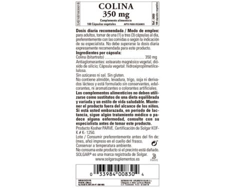 Comprar Solgar Colina 350mg 100 Cápsulas Vegetales