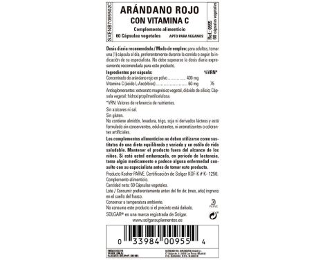 Comprar Solgar Cranberry Arándano Rojo con Vitamina C 60 Cápsulas Vegetales