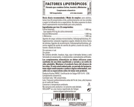 Comprar Solgar Factores Lipotrópicos 100 Comprimidos