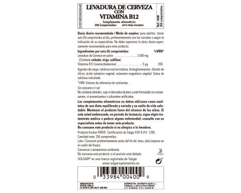 Comprar Solgar Levadura de Cerveza con Vitamina B12 - 250 Comprimidos