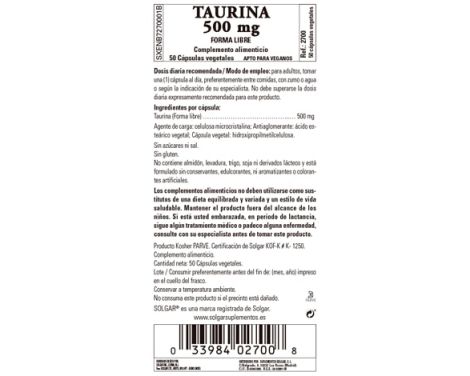 Comprar Solgar Taurina 500mg 50 Cápsulas Vegetales