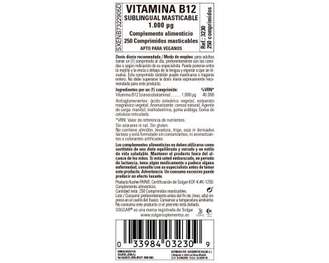 Comprar Solgar Vitamina B12 1000 Mg 250 Comprimidos Masticables