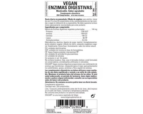 Comprar Solgar Vegan Enzimas Digestivas 250 Comprimidos Masticables